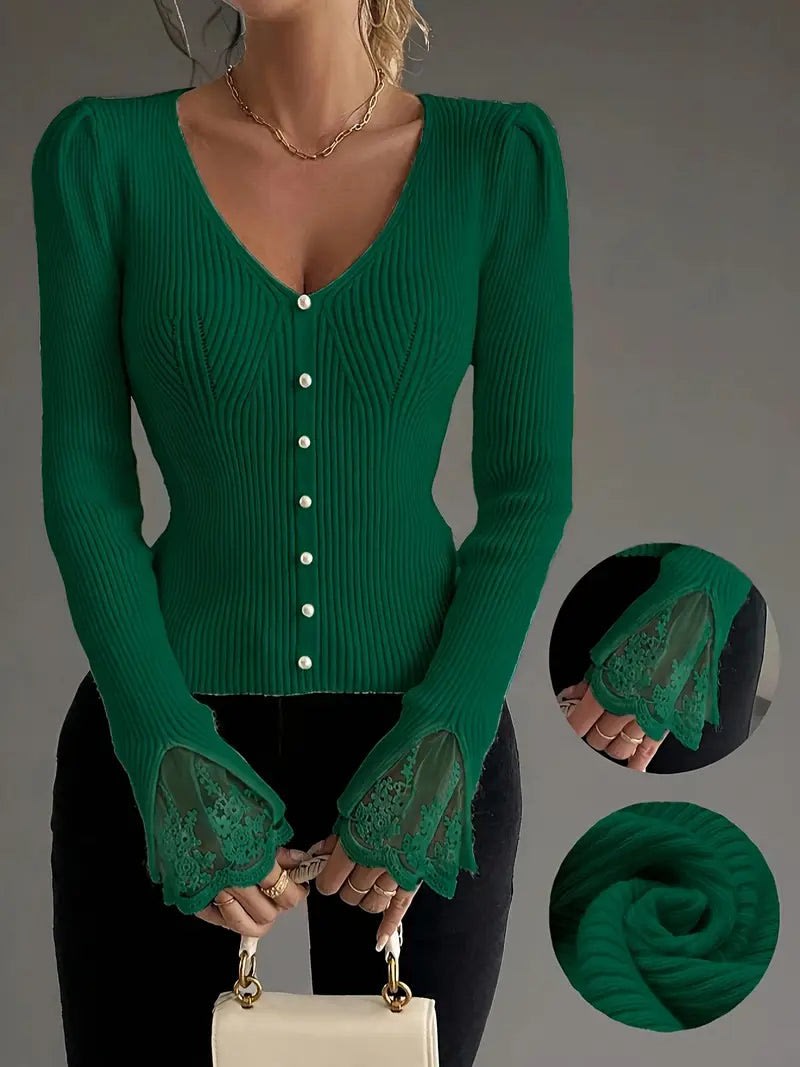 Emilia Lace Cuff V-Neck Ribbed Knitted Jumper_11