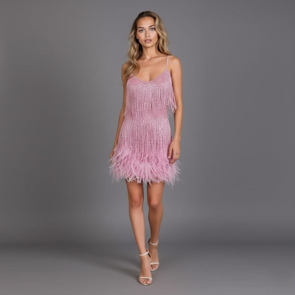 Birdie Fringe Feather Hem Mini Party Dress
