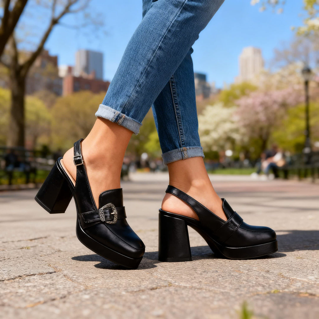Perle Platform Block Slingback Heels with Buckle