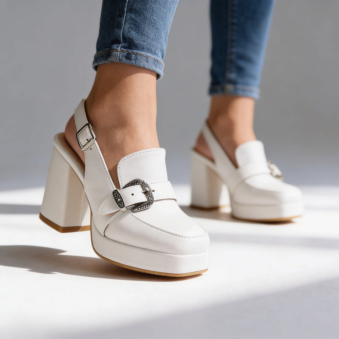 Perle Platform Block Slingback Heels with Buckle