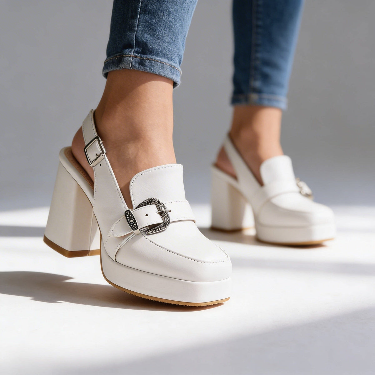 Perle Platform Block Slingback Heels with Buckle_4