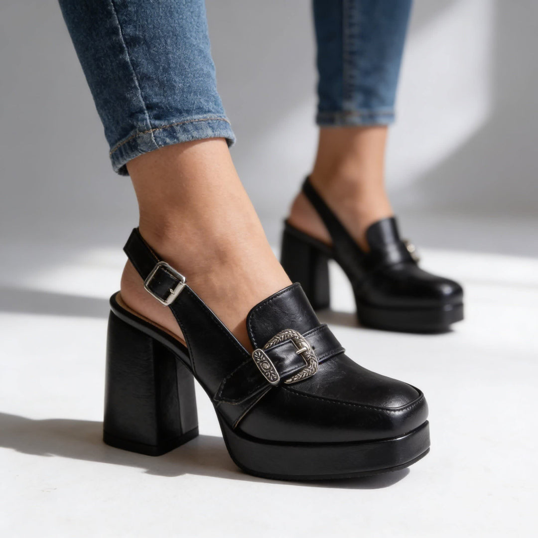Perle Platform Block Slingback Heels with Buckle
