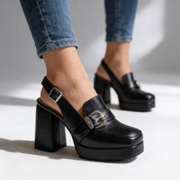 Perle Platform Block Slingback Heels with Buckle
