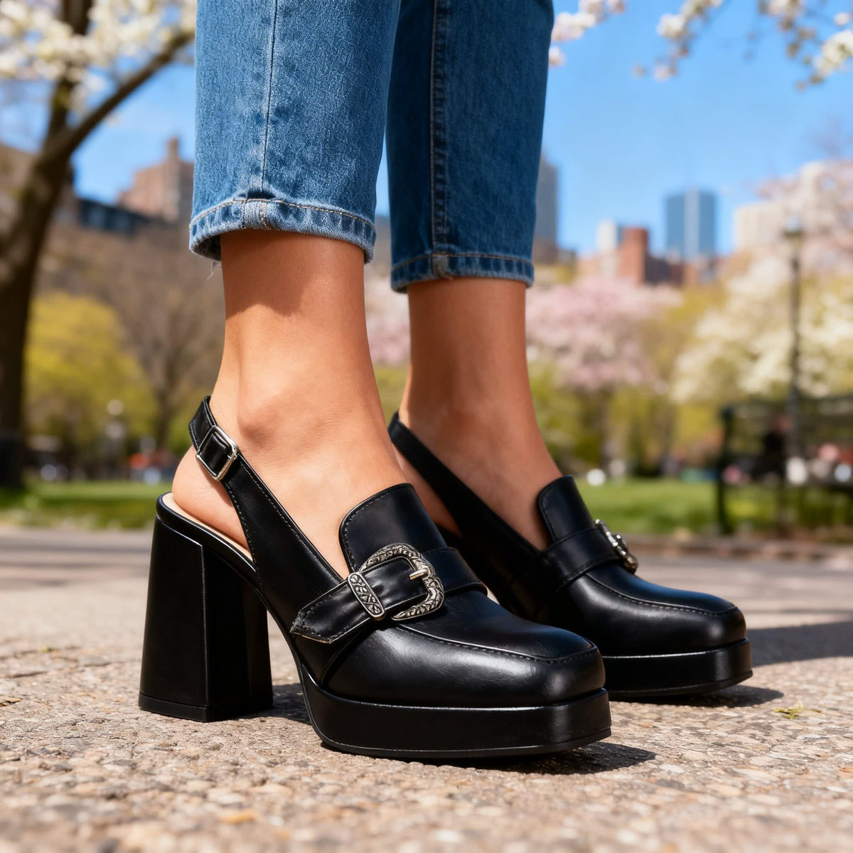 Perle Platform Block Slingback Heels with Buckle_9