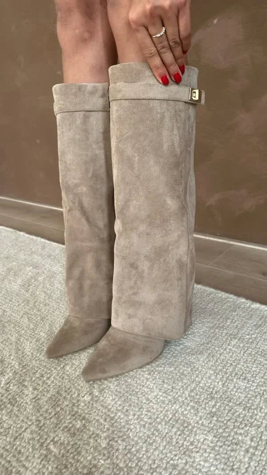 Amara Fold Over Gold Clasp Knee High Boots_1