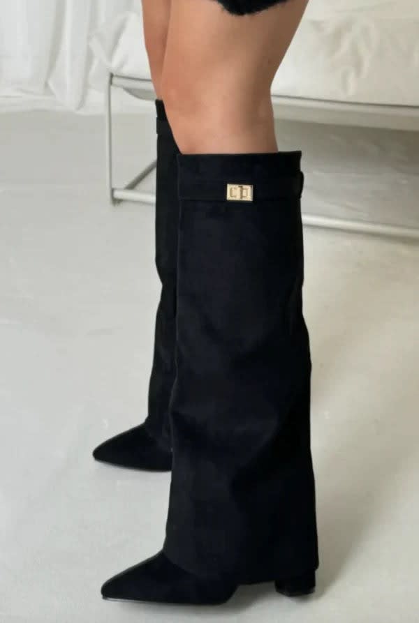 Amara Fold Over Gold Clasp Knee High Boots
