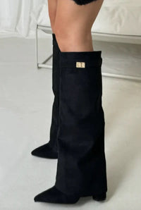 Amara Fold Over Gold Clasp Knee High Boots