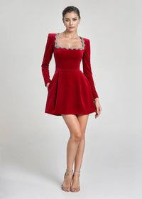 Wynne Embellished Square Neck Velvet Mini Dress