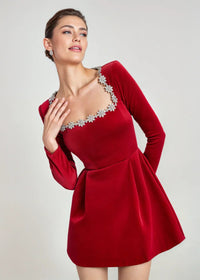 Wynne Embellished Square Neck Velvet Mini Dress