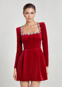 Wynne Embellished Square Neck Velvet Mini Dress