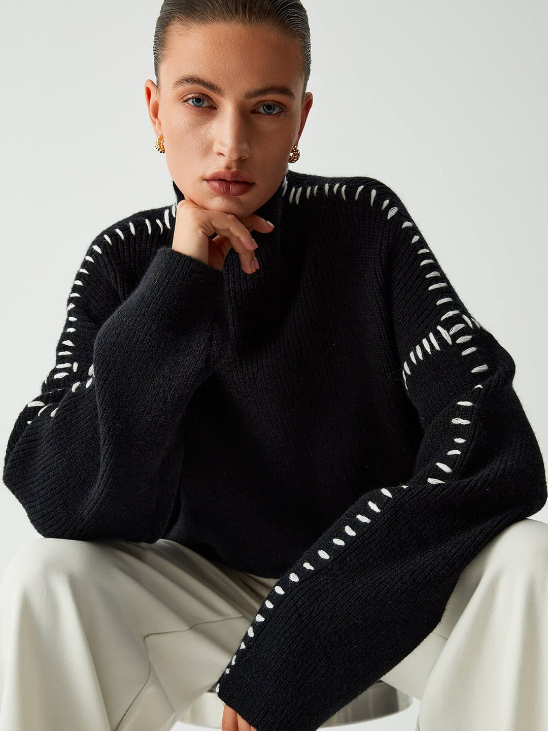 Aurora Blanket Stitch Mock Neck Knitted Jumper