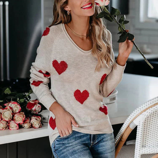 Yvette Heart Pattern V-Neck Knitted Jumper_1
