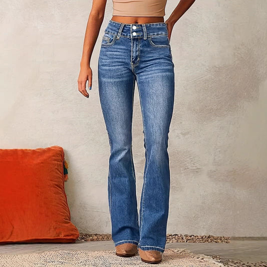 Willa High Waist Flared Jeans with Button Detail_1