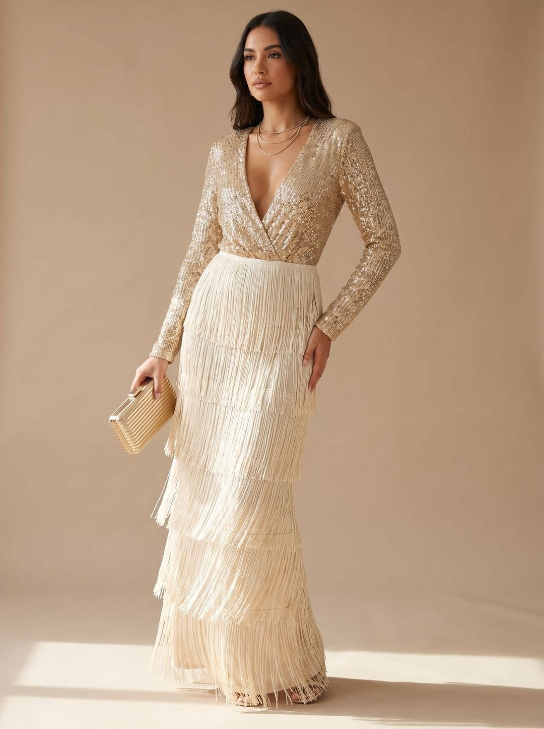 Alicia Long Sleeve Sequin V-Neck Party Mini Dress