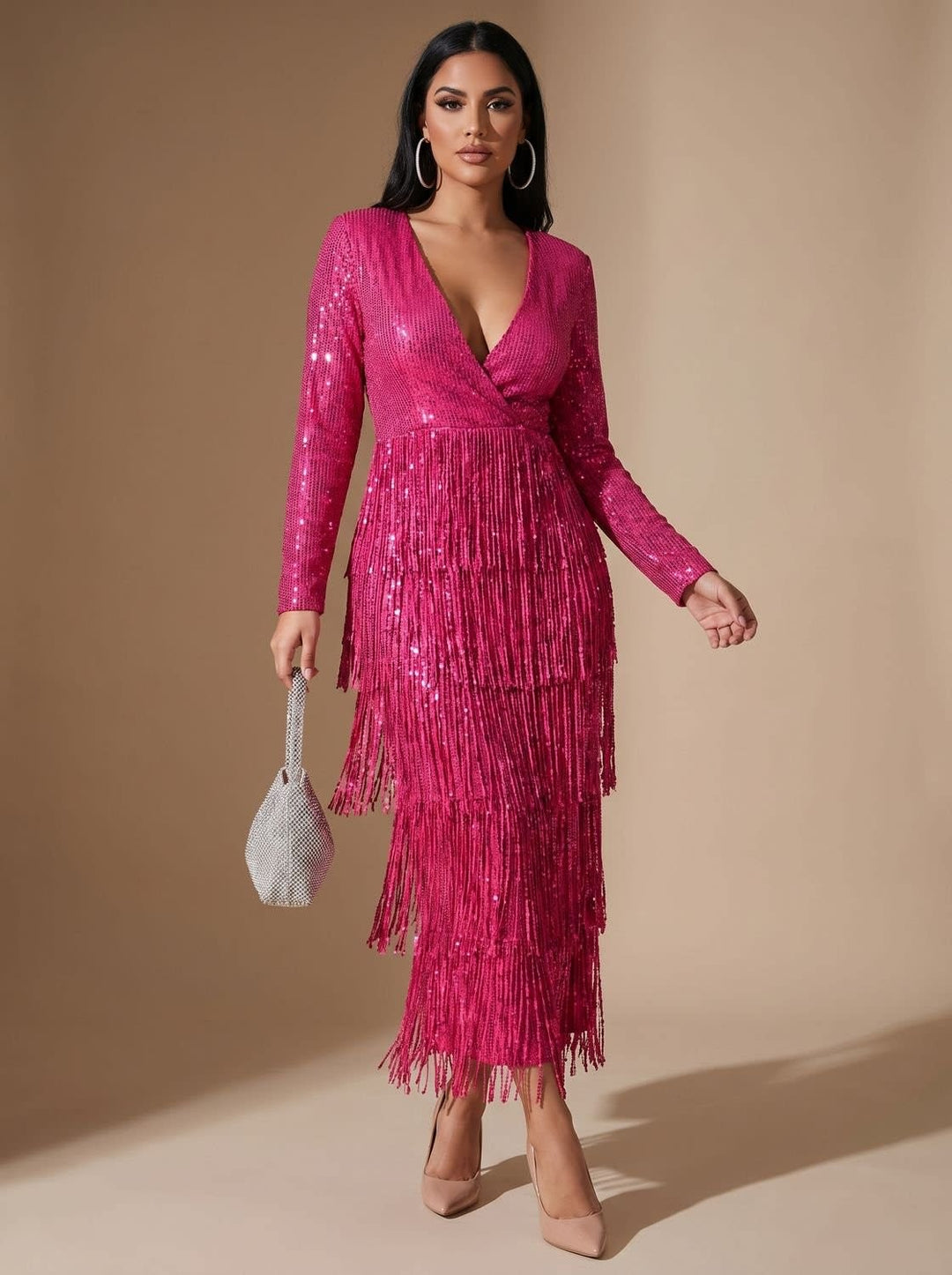 Alicia Long Sleeve Sequin V-Neck Party Mini Dress