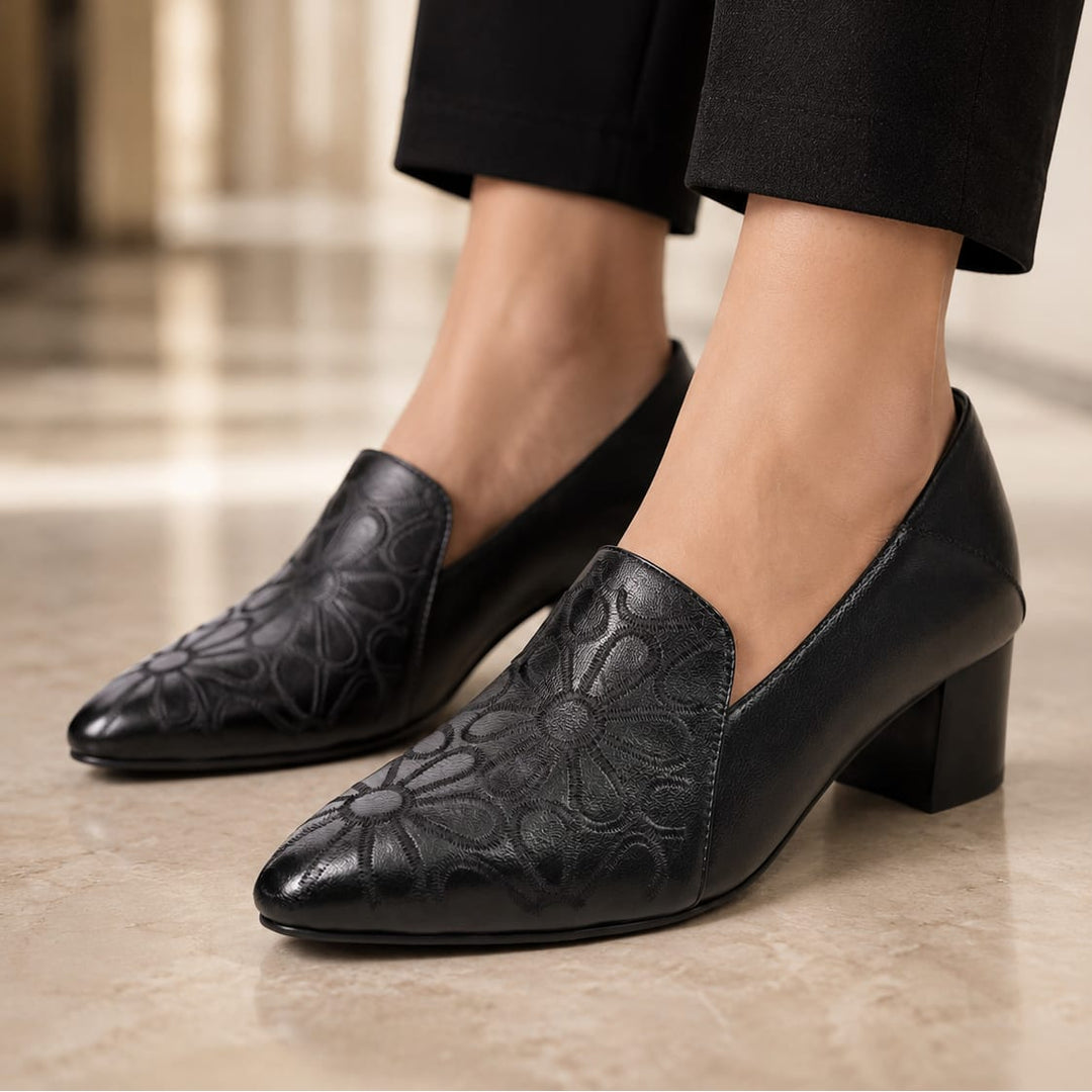 Wynne Floral Embroidered Loafer Block Heels