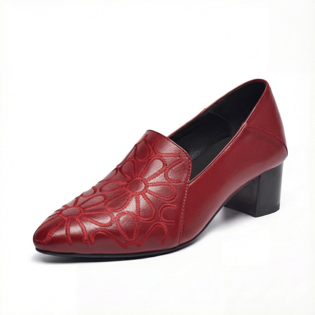 Wynne Floral Embroidered Loafer Block Heels