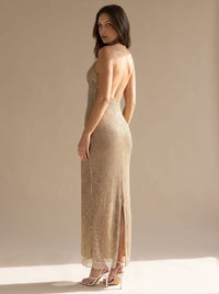 Kira Gold Glitter Backless Christmas Party Maxi Dress