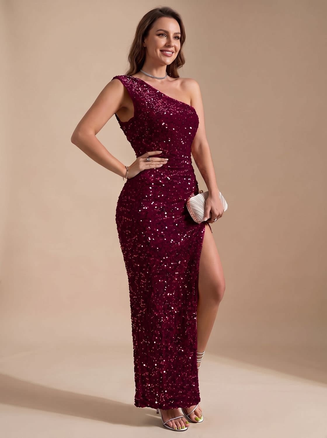 Ottilie Sequin One Shoulder Christmas Party Maxi Dress_8