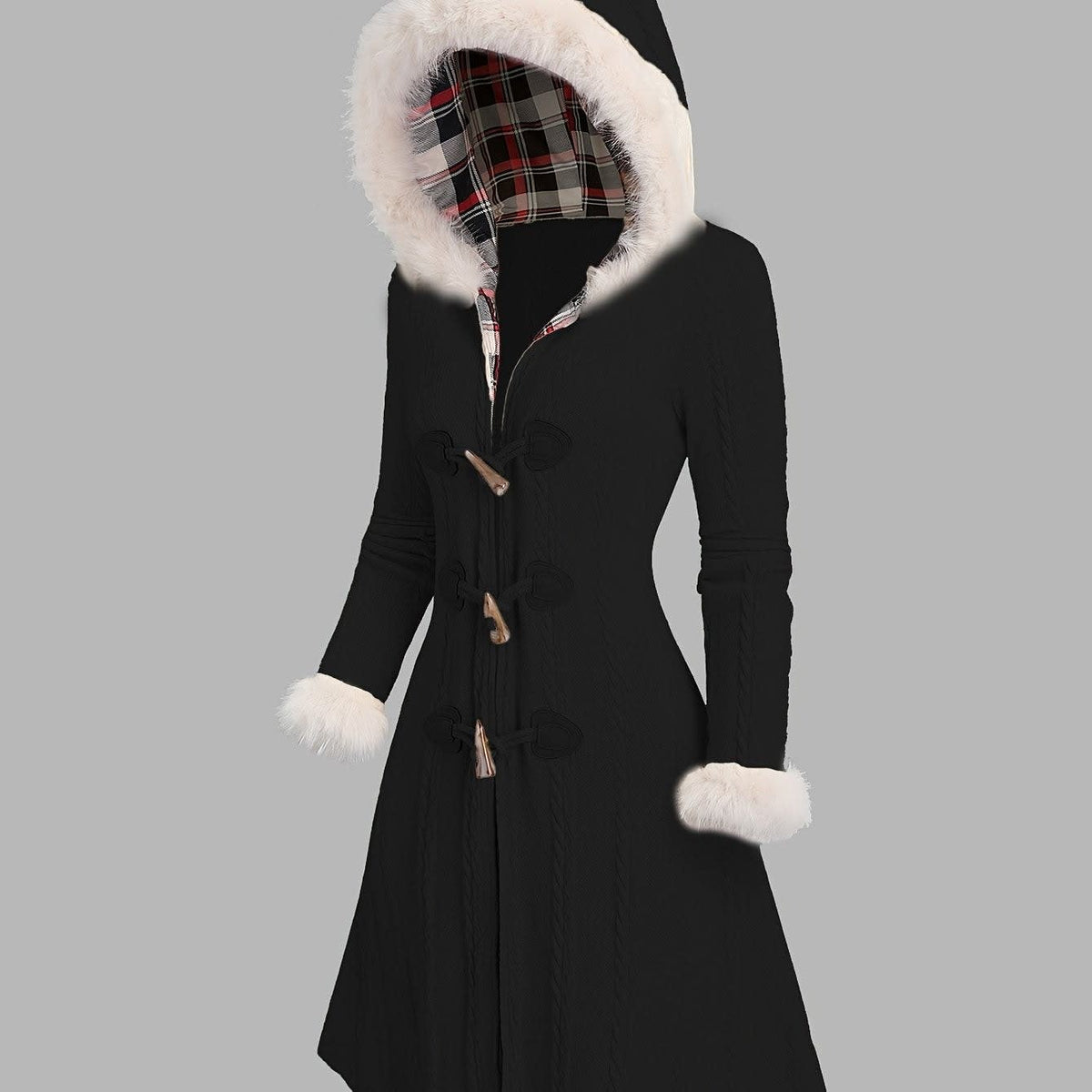 Alina Faux Fur Trim Hooded Duffle Coat_1
