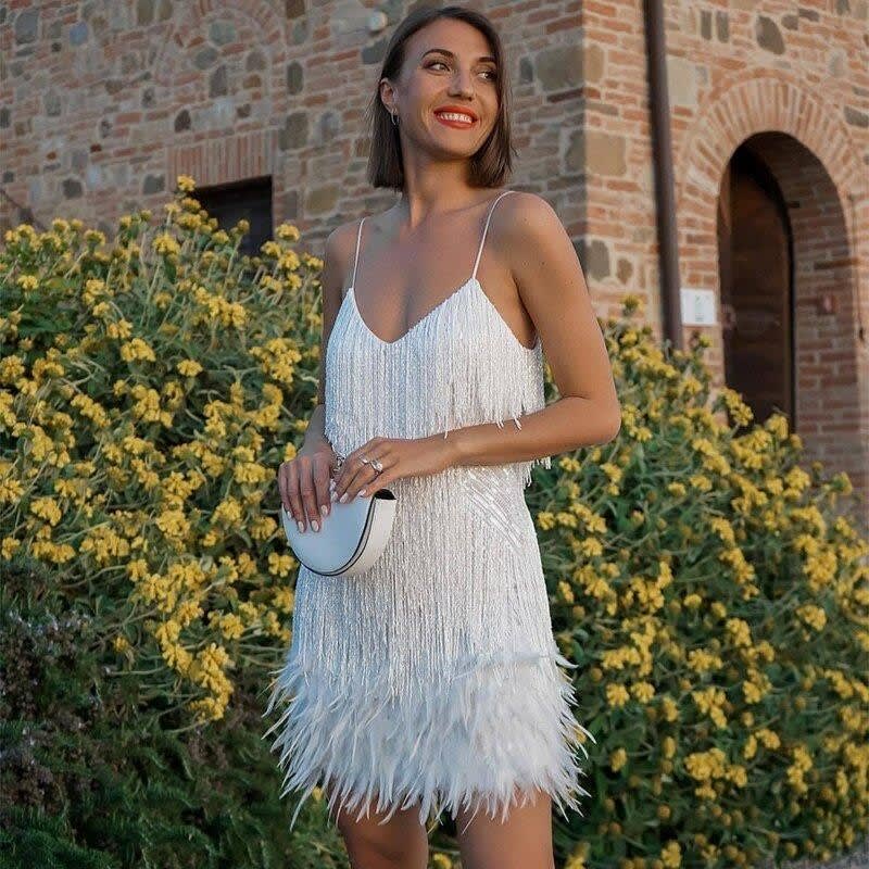 Linnea Feather Hem Fringe Sequin Dress
