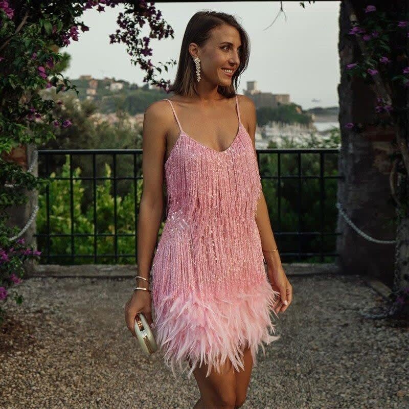 Linnea Feather Hem Fringe Sequin Dress