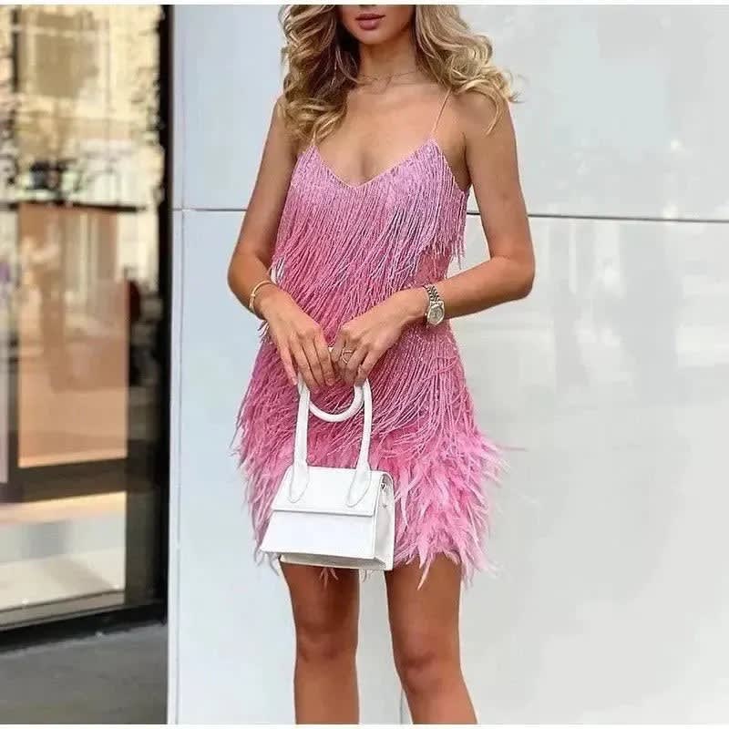 Linnea Feather Hem Fringe Sequin Dress