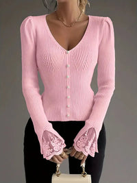 Emilia Lace Cuff V-Neck Ribbed Knitted Jumper