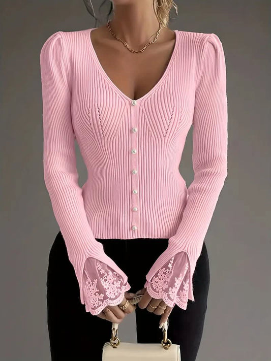 Emilia Lace Cuff V-Neck Ribbed Knitted Jumper_1