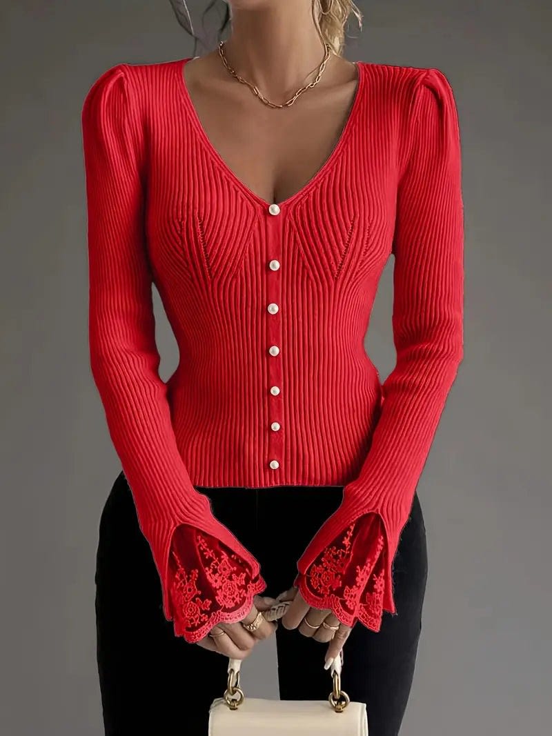 Emilia Lace Cuff V-Neck Ribbed Knitted Jumper