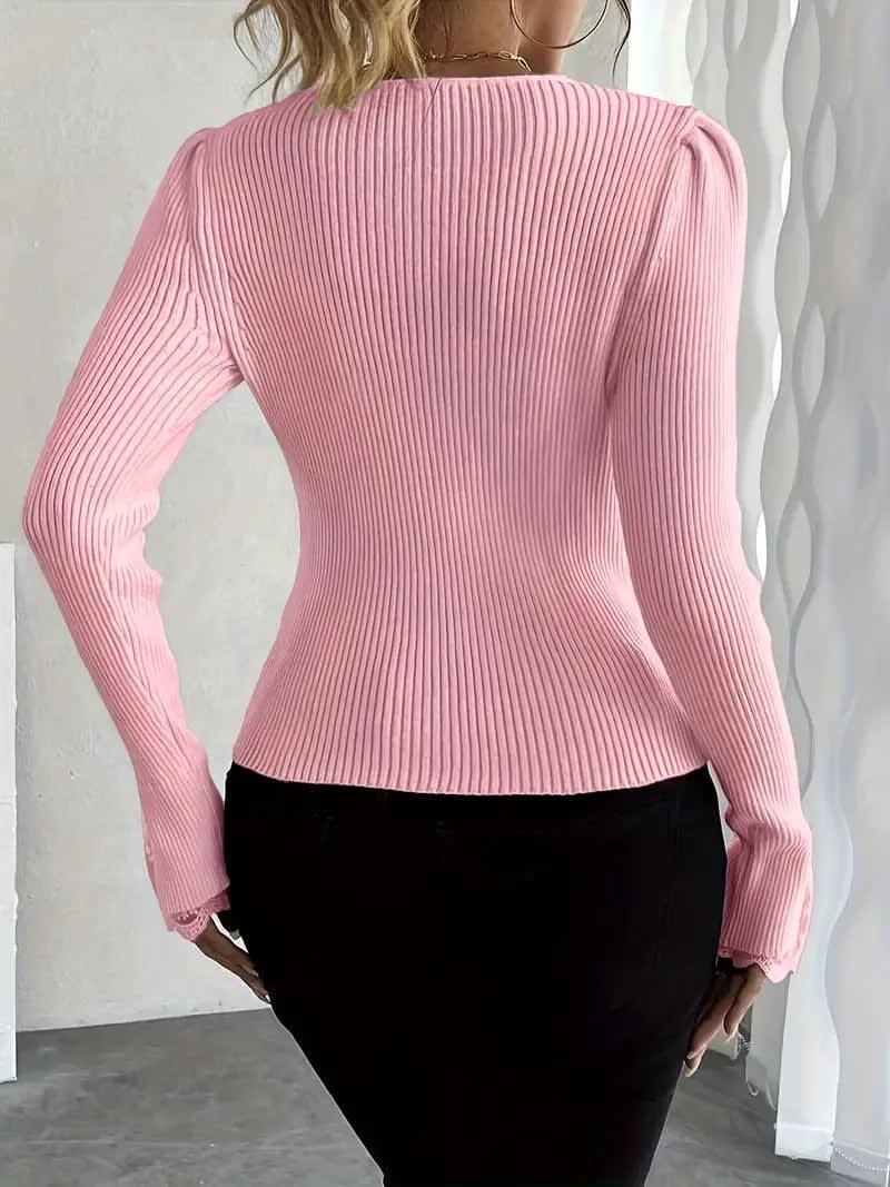 Emilia Lace Cuff V-Neck Ribbed Knitted Jumper_2