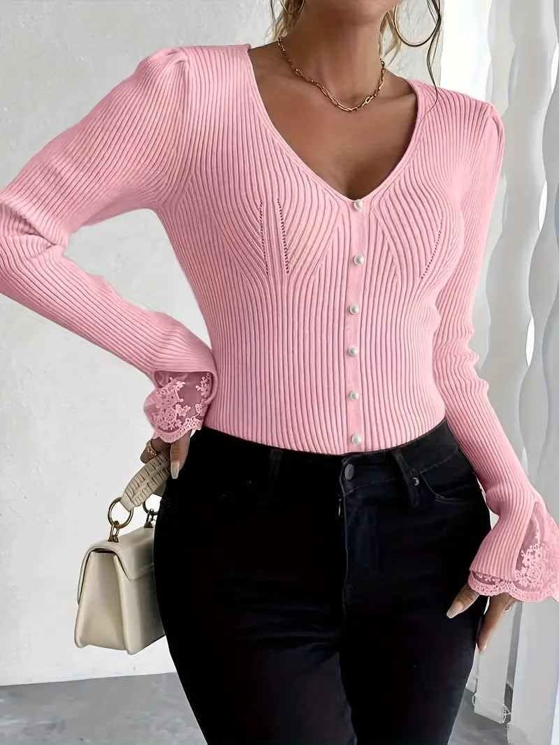 Emilia Lace Cuff V-Neck Ribbed Knitted Jumper_5