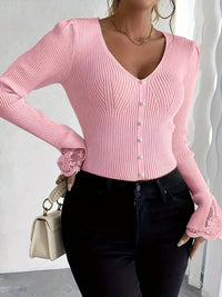 Emilia Lace Cuff V-Neck Ribbed Knitted Jumper