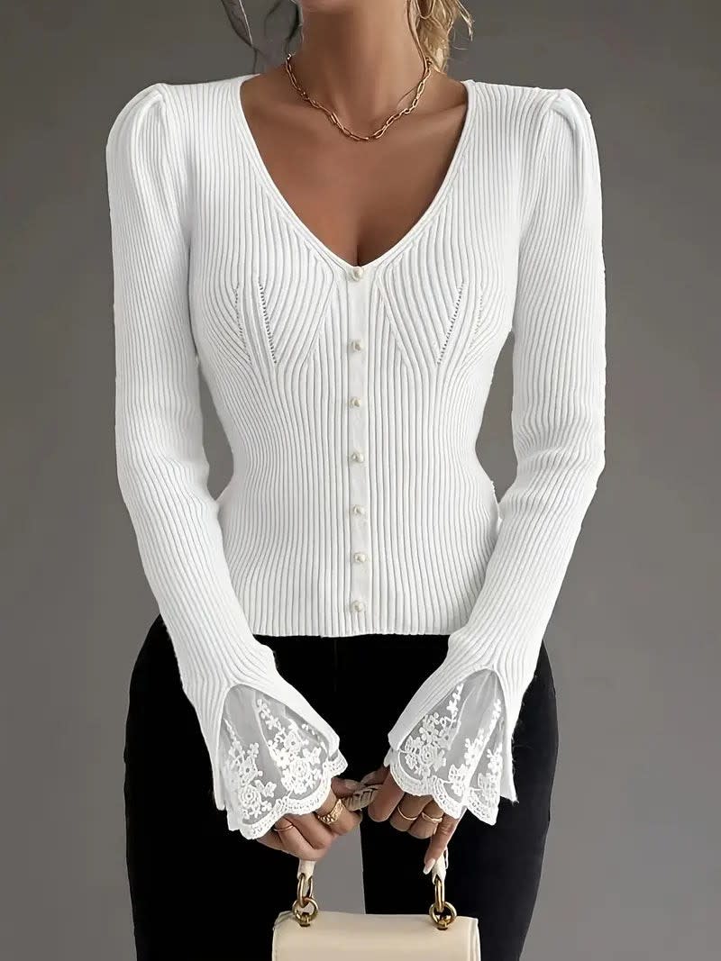 Emilia Lace Cuff V-Neck Ribbed Knitted Jumper_6