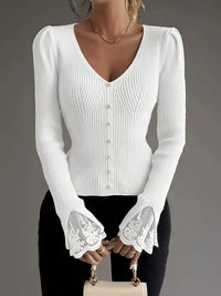 Emilia Lace Cuff V-Neck Ribbed Knitted Jumper