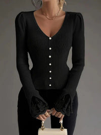 Emilia Lace Cuff V-Neck Ribbed Knitted Jumper