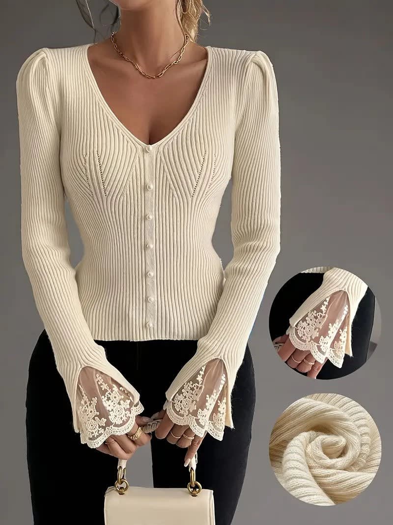 Emilia Lace Cuff V-Neck Ribbed Knitted Jumper_8