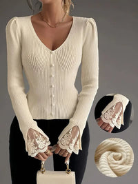 Emilia Lace Cuff V-Neck Ribbed Knitted Jumper