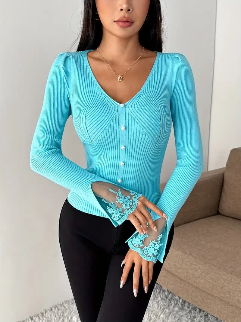 Emilia Lace Cuff V-Neck Ribbed Knitted Jumper