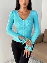 Emilia Lace Cuff V-Neck Ribbed Knitted Jumper