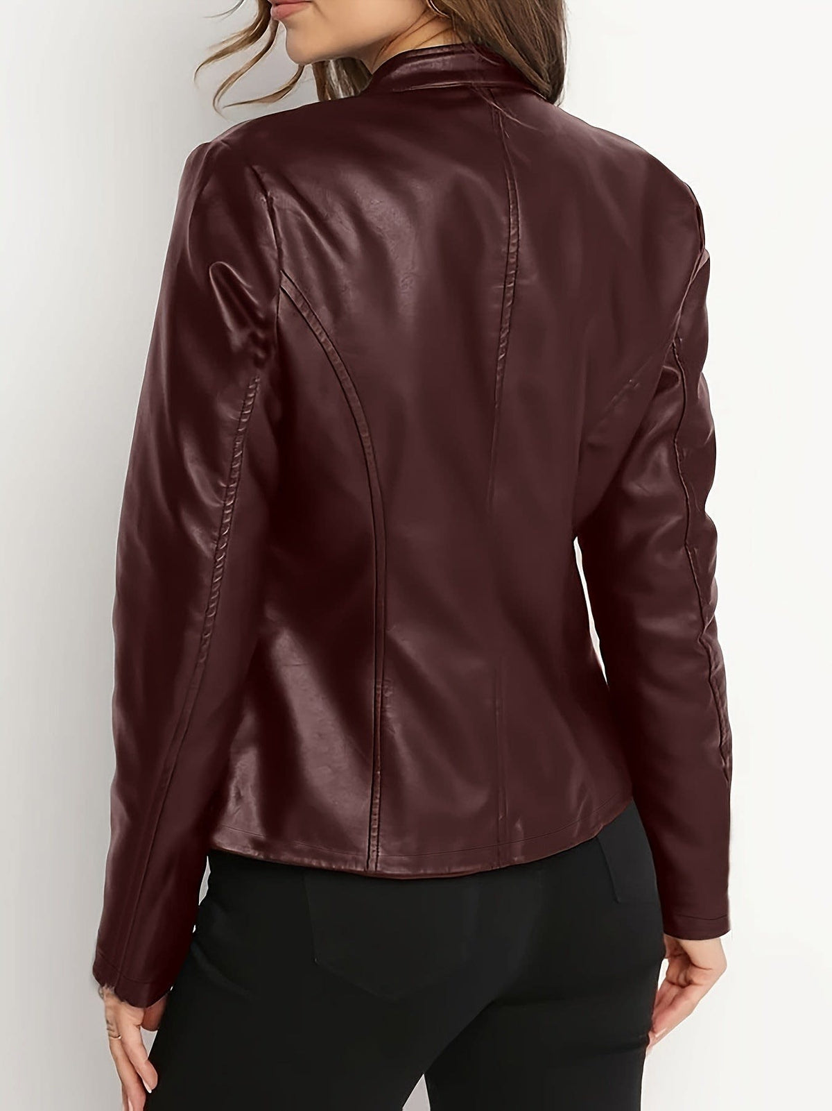 Yvette Stand Collar Faux Leather Jacket_7