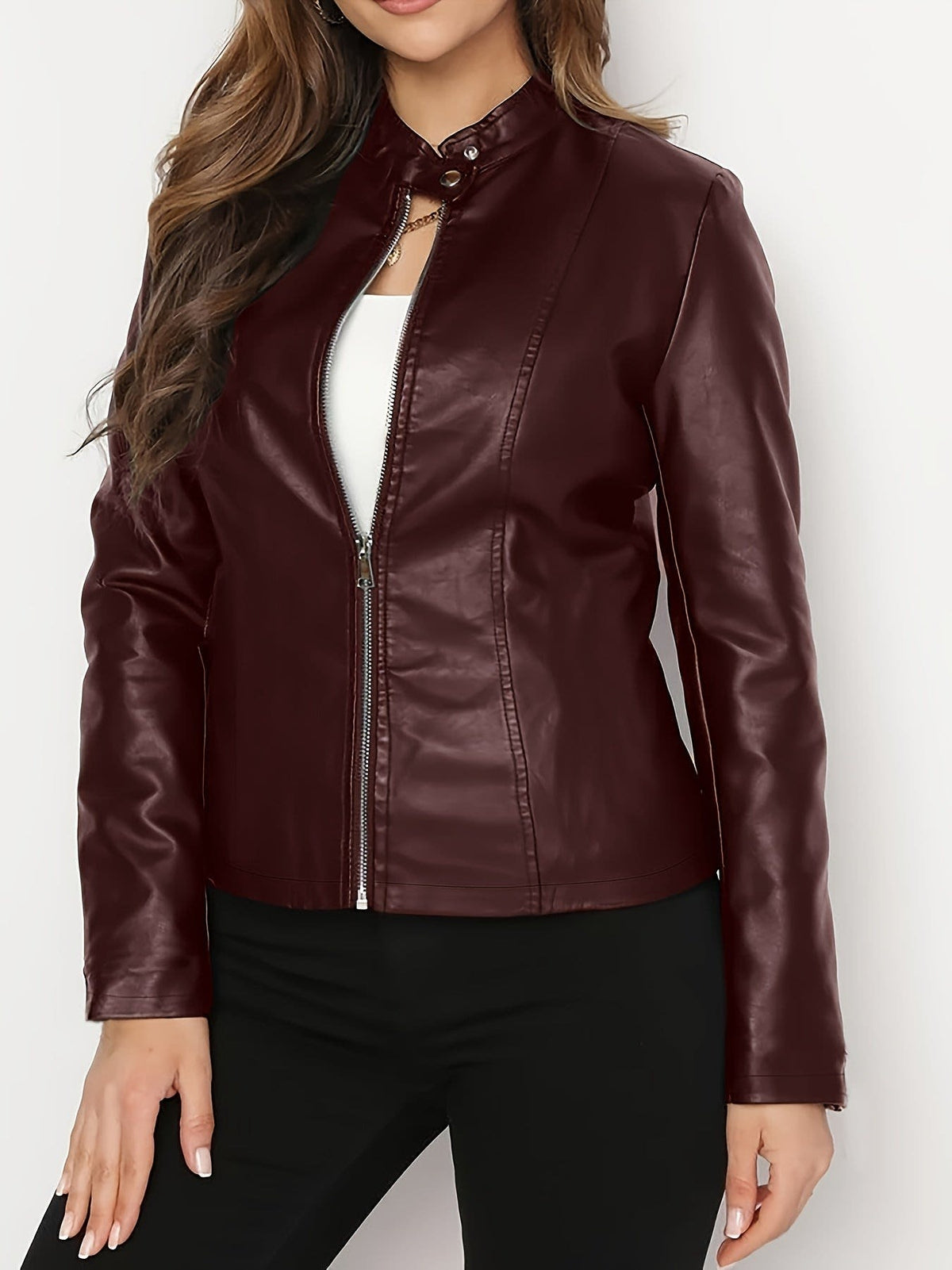 Yvette Stand Collar Faux Leather Jacket_8