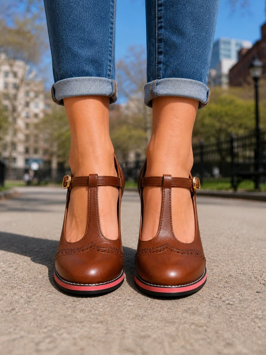 Uma Brogue T-Bar Block Heels